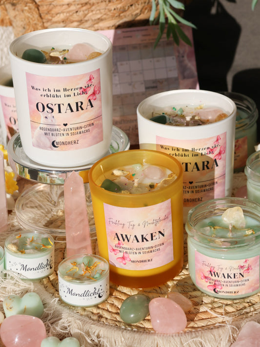 Kristallkerze AWAKEN Frühling Tag&Nachtgleiche mit Rosenquarz, Aventurin&Citrin