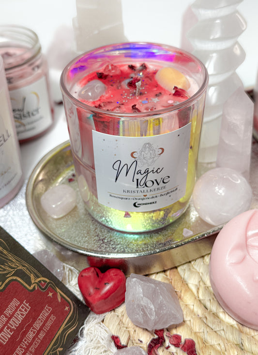 Kristallkerze Magic Love mit Rosenquarz, Orangencalcit,Bergkristall