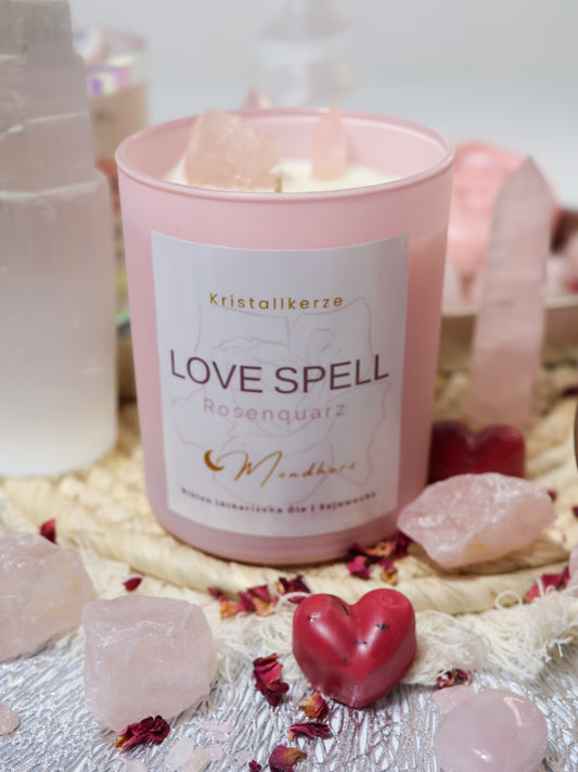 Kristallkerze LOVE SPELL mit Rosenquarz