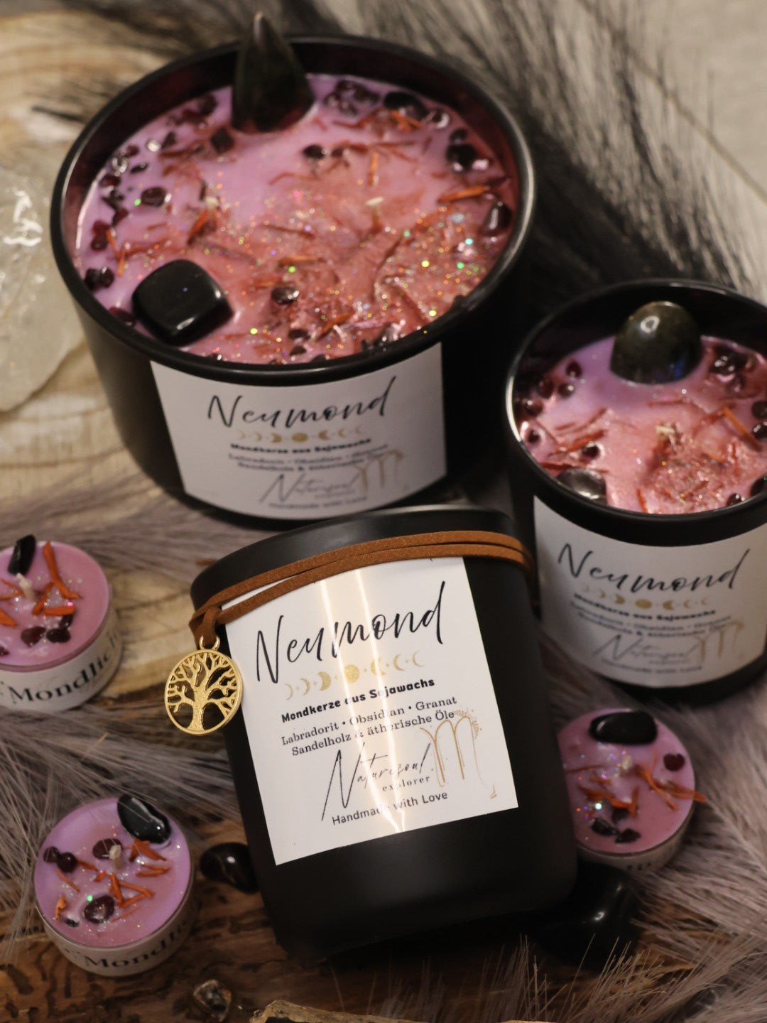 Kristallkerze „Neumond“ mit Obsidian, Labradorit, Granat & Sandelholz