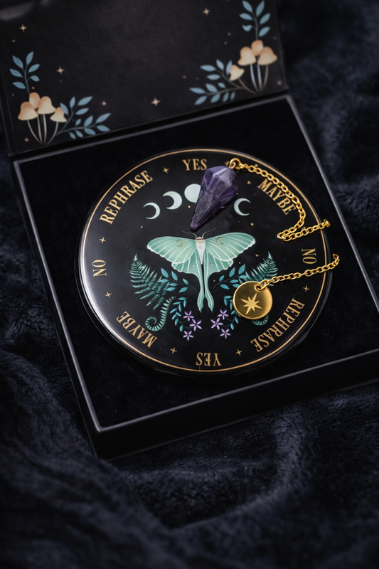 Pendel-Orakelbrett mit Amethyst-Pendel – Mond & Natur Edition