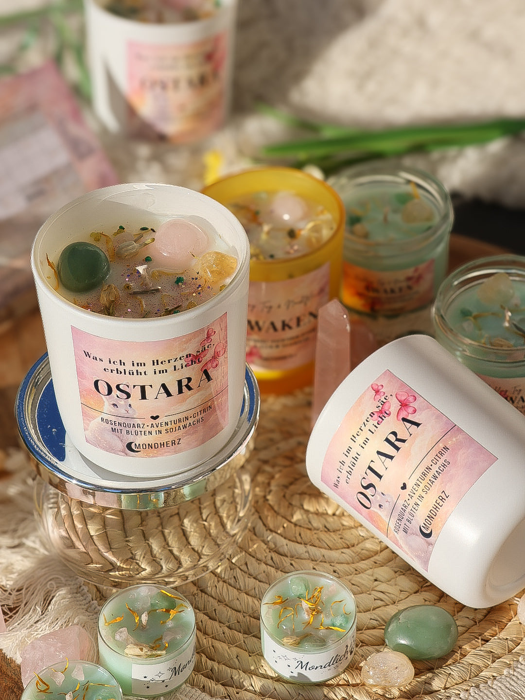Kristallkerze OSTARA mit Aventurin,Rosenquarz&Citrin