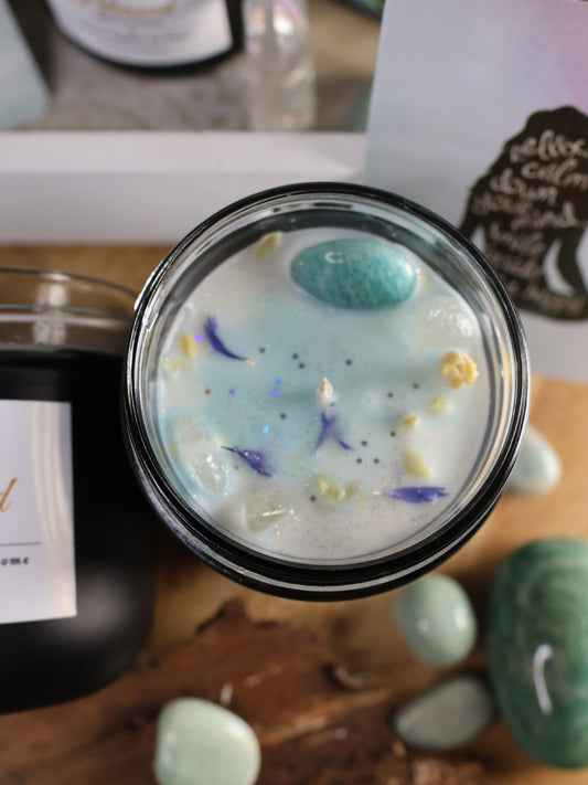 Kristallkerze „Blessed“ mit Amazonit & Bergkristall