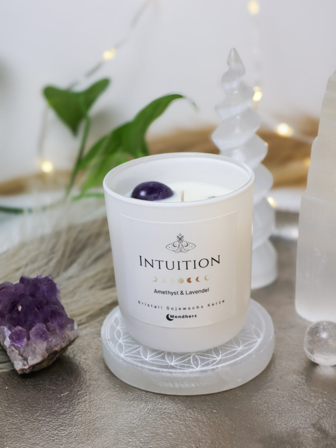 Kristallkerze INTUITION mit Amethyst und Lavendel
