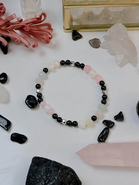 Armband MOON BALANCE mit Morganit, Turmalin, Rosenquarz,Mondstein,925 Silber Perlen