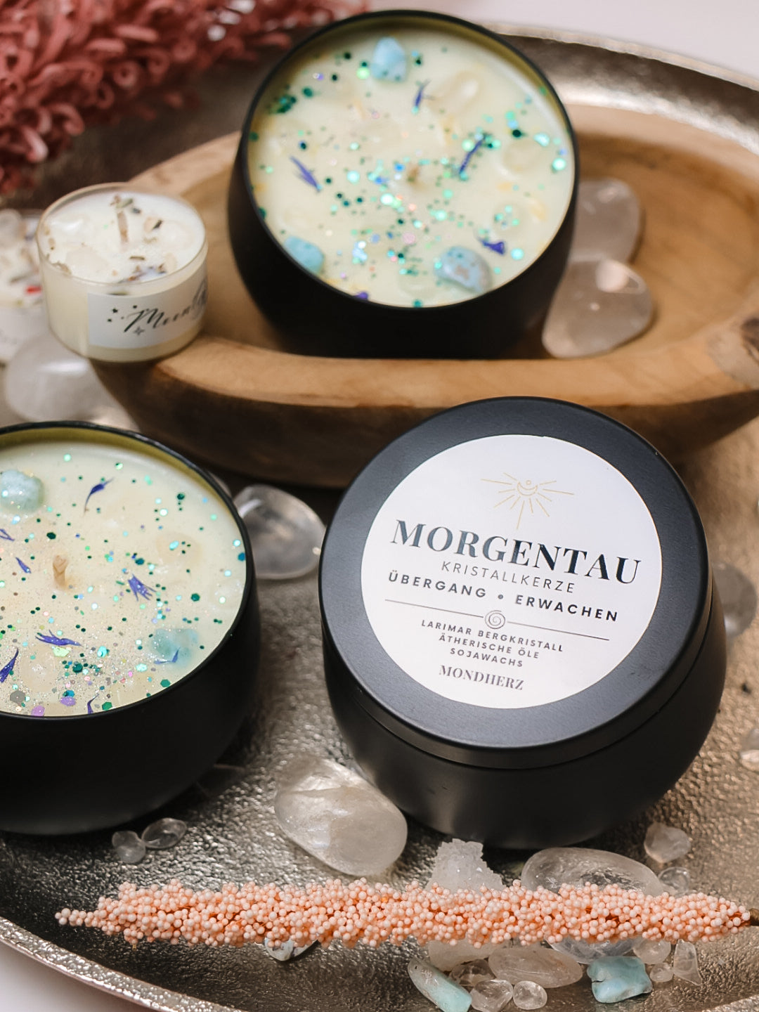 Morgentau Kristallkerze mit Larimar & Bergkristall