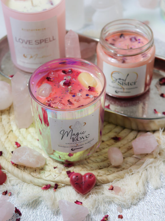 Kristallkerze Magic Love mit Rosenquarz, Orangencalcit,Bergkristall