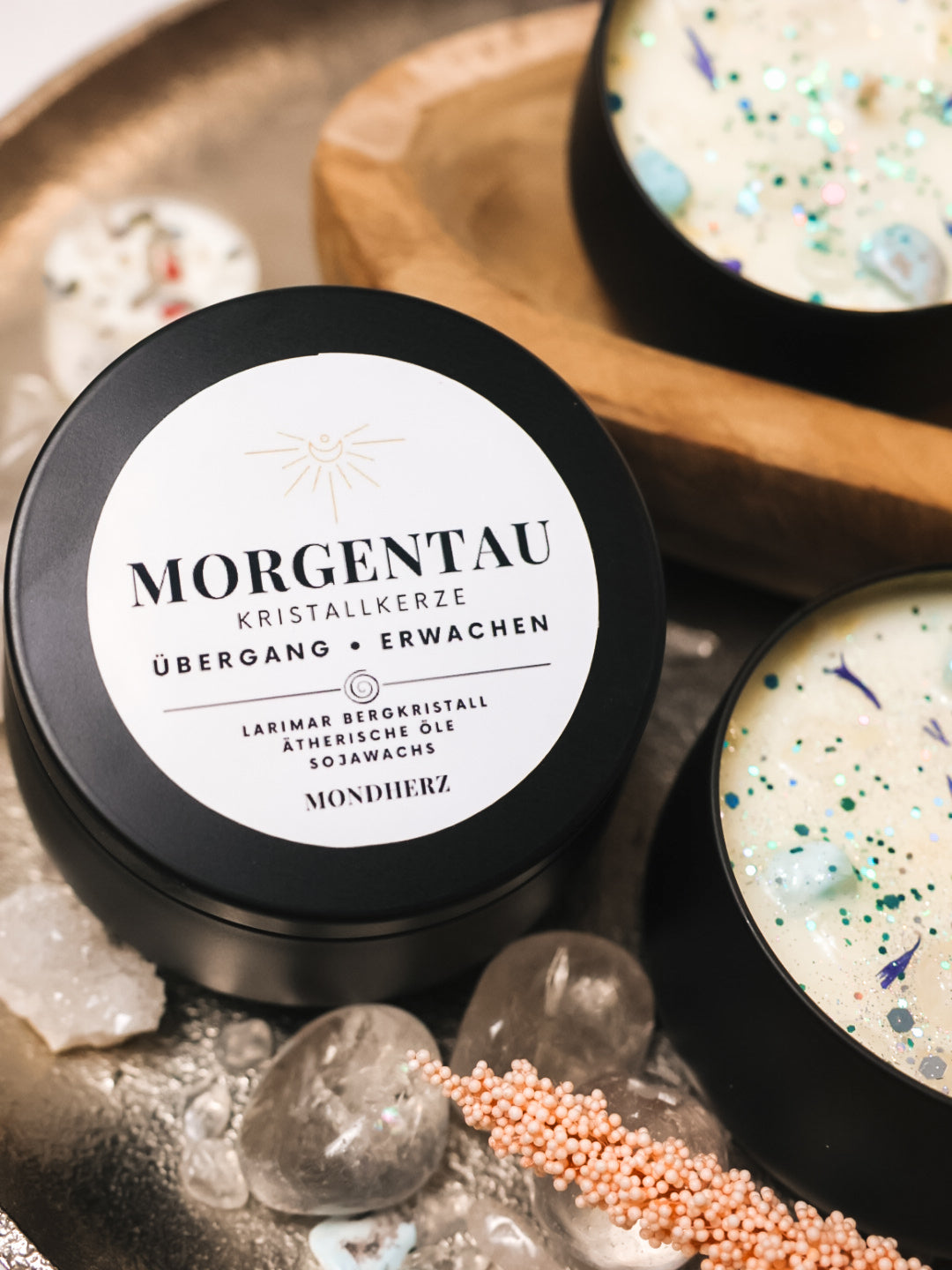Morgentau Kristallkerze mit Larimar & Bergkristall