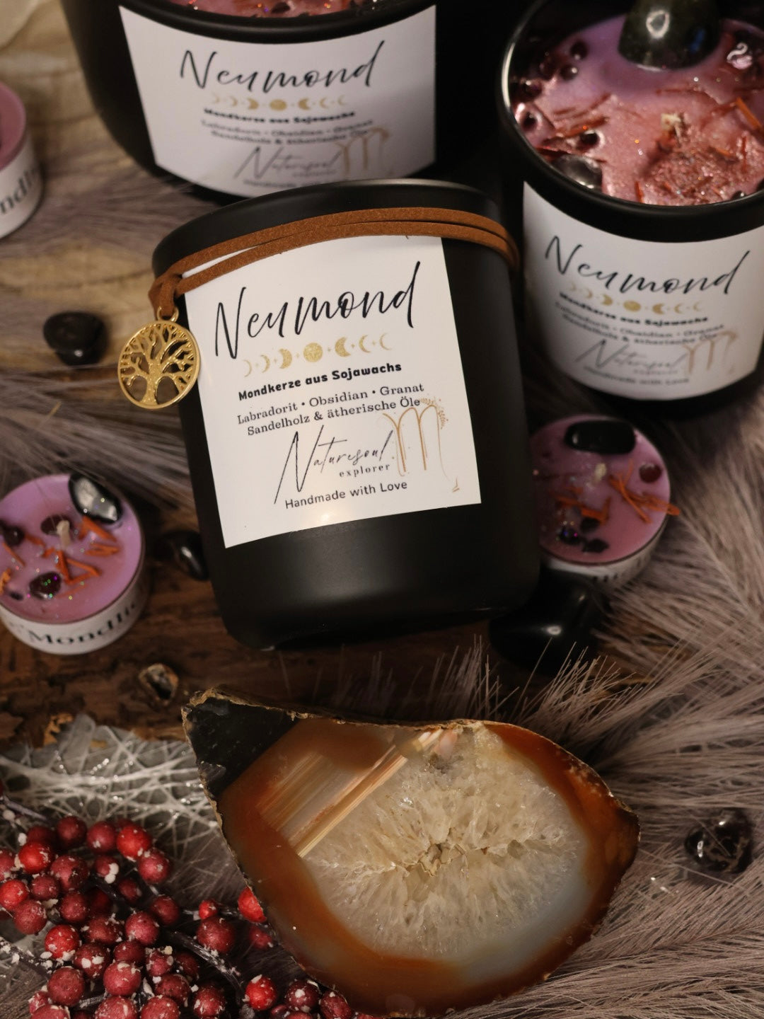 Kristallkerze „Neumond“ mit Obsidian, Labradorit, Granat & Sandelholz
