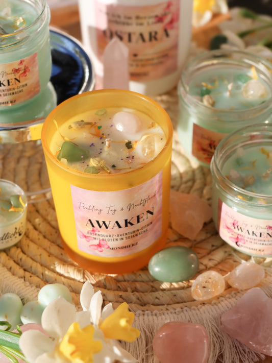 Kristallkerze AWAKEN Frühling Tag&Nachtgleiche mit Rosenquarz, Aventurin&Citrin