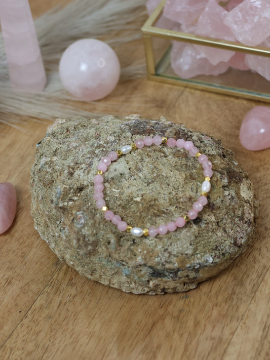 Armband Herzvertrauen mit Rosenquarz & Süßwasserperlen