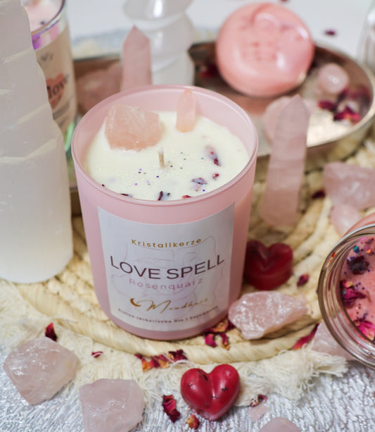 Kristallkerze LOVE SPELL mit Rosenquarz