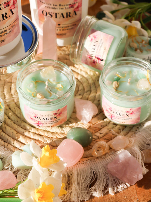 Kristallkerze AWAKEN Frühling Tag&Nachtgleiche mit Aventurin, Rosenquarz&Citrin