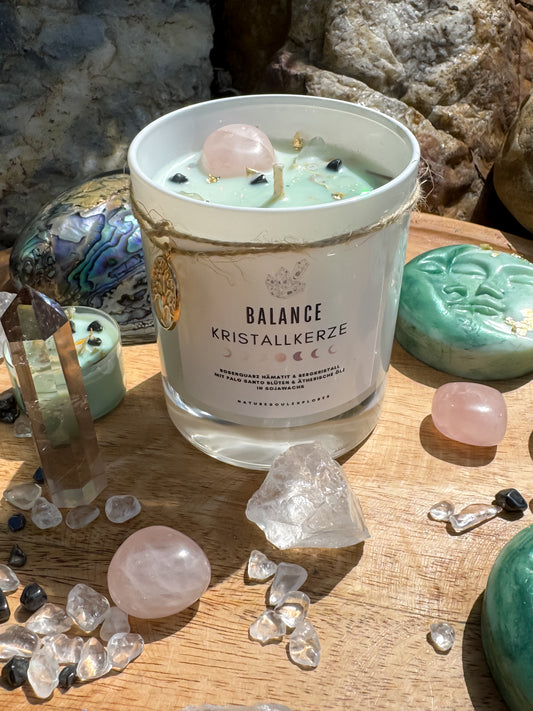 Kristallkerze „BALANCE“ mit Rosenquarz, Hämatit & Bergkristall