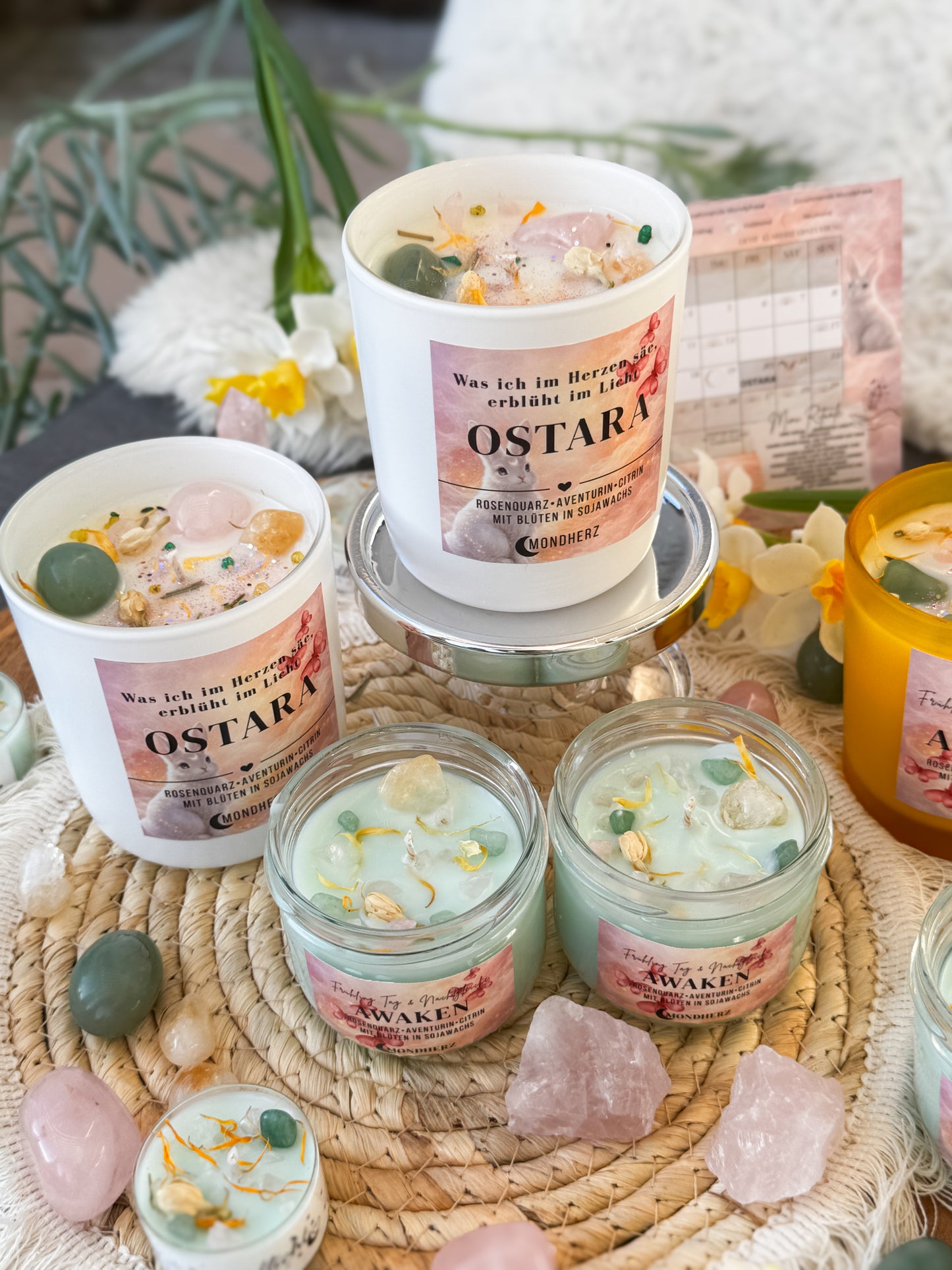 Kristallkerze OSTARA mit Aventurin,Rosenquarz&Citrin