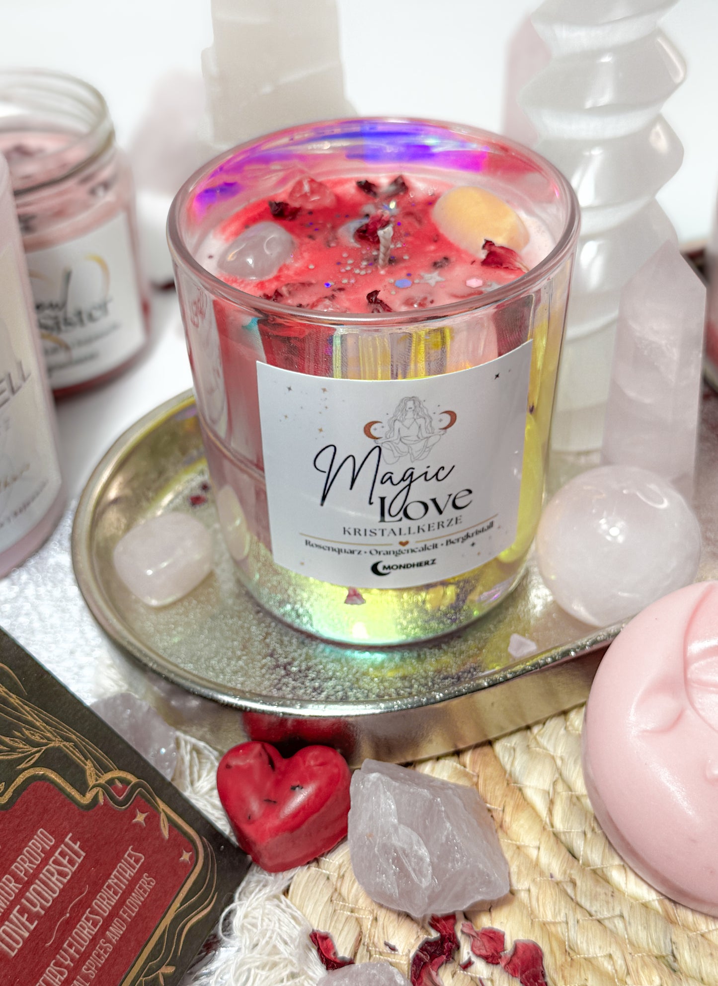 Kristallkerze Magic Love mit Rosenquarz, Orangencalcit,Bergkristall