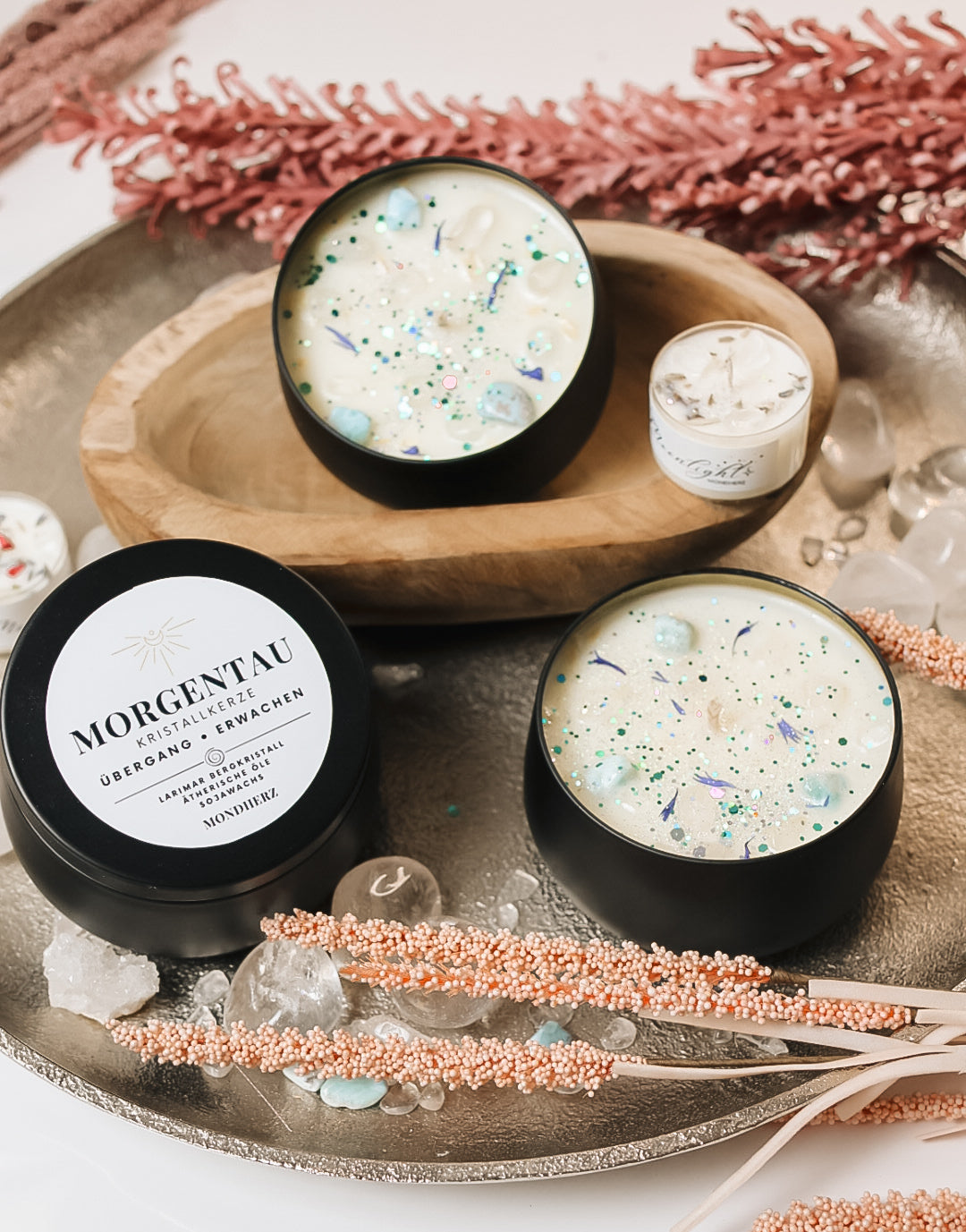 Morgentau Kristallkerze mit Larimar & Bergkristall