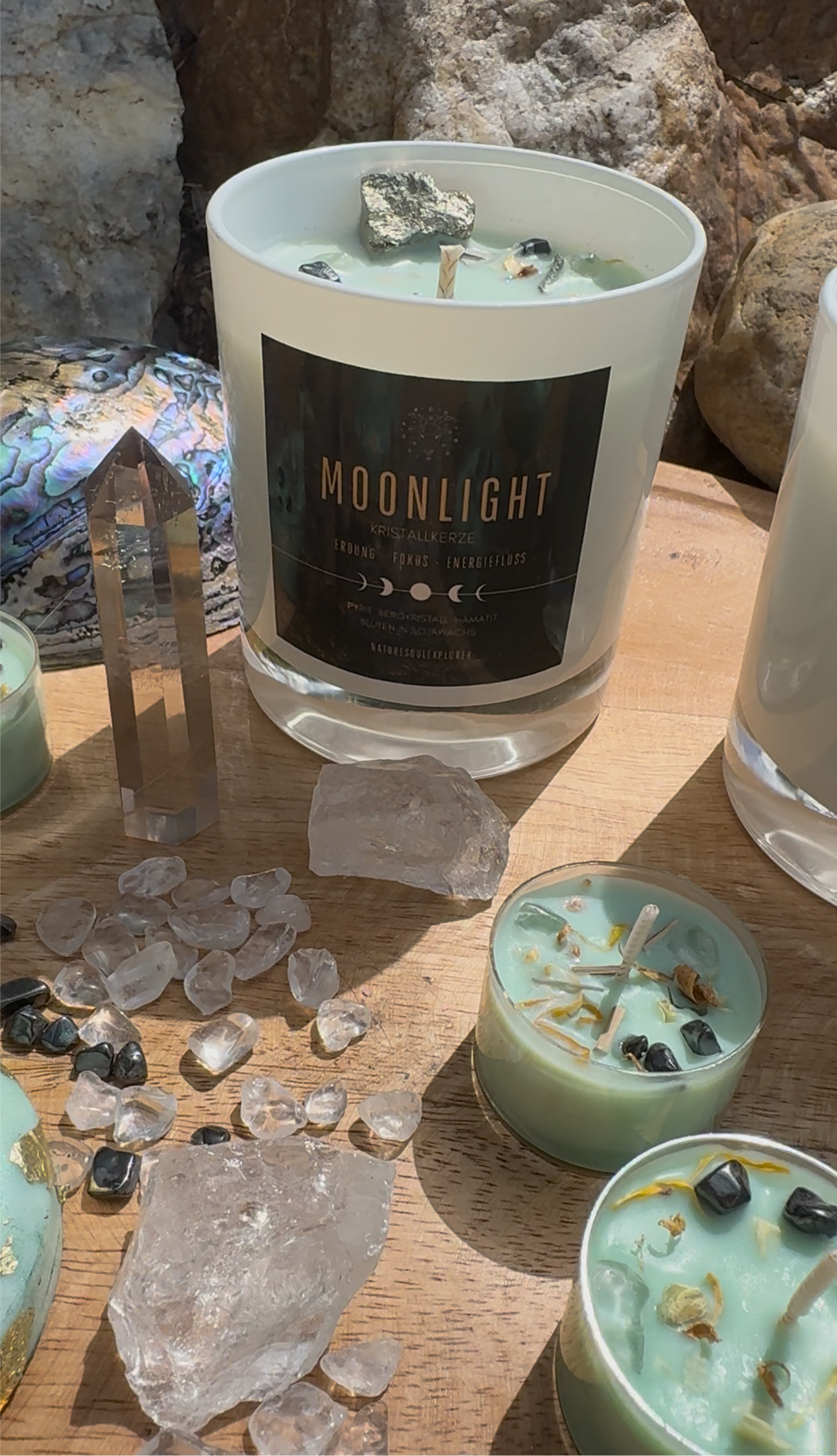 Kristallkerze „MOONLIGHT“ für Erdung, Fokus & Energiefluss