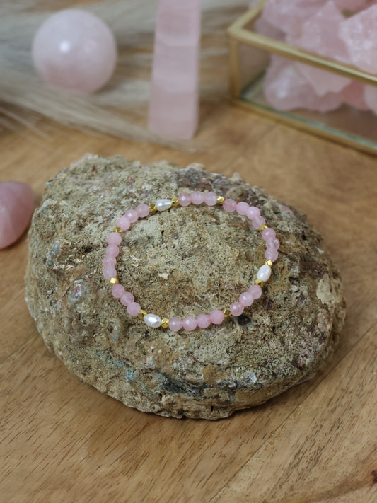 Armband Herzvertrauen mit Rosenquarz & Süßwasserperlen