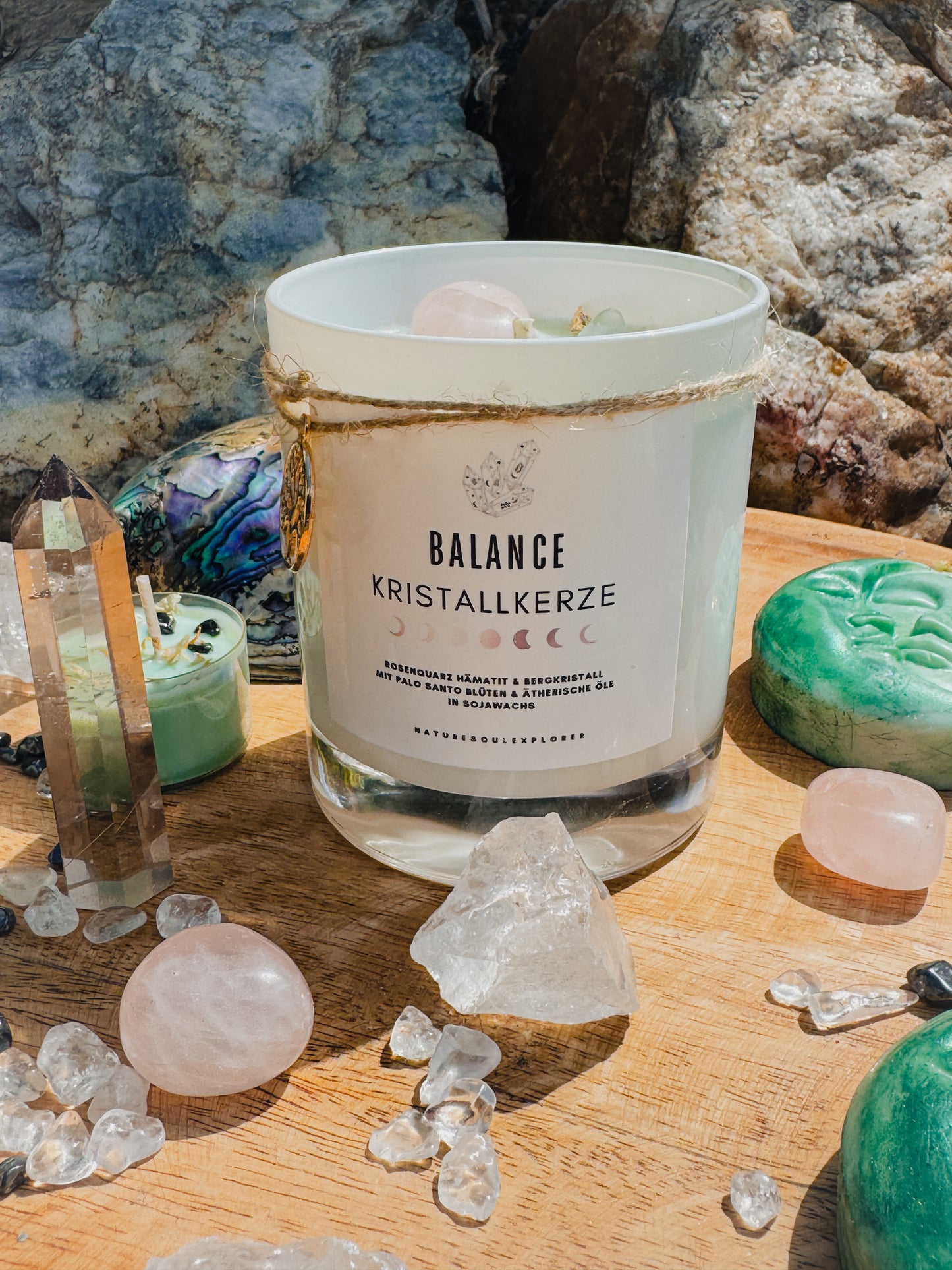 Kristallkerze „BALANCE“ mit Rosenquarz, Hämatit & Bergkristall